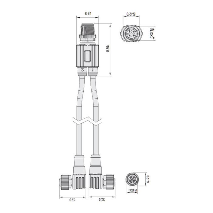 M12 4Pin male /2M12 3Pin female 90°, with LED light, Y-shaped precast slag resistant PUR flexible cable, orange sheathing, 64T183-XXX