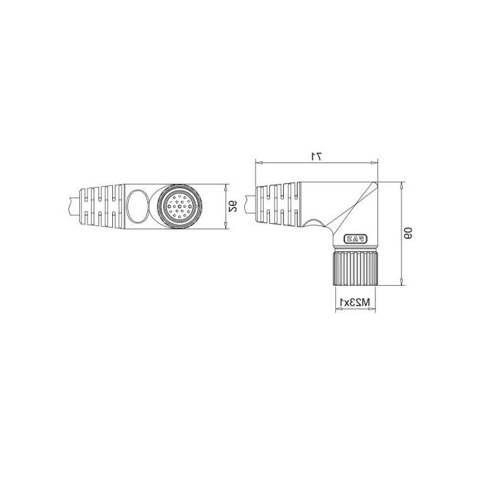 M23 19Pin, female 90°, single-end precast PUR flexible cable, black sheathed, 68CB51-XXX